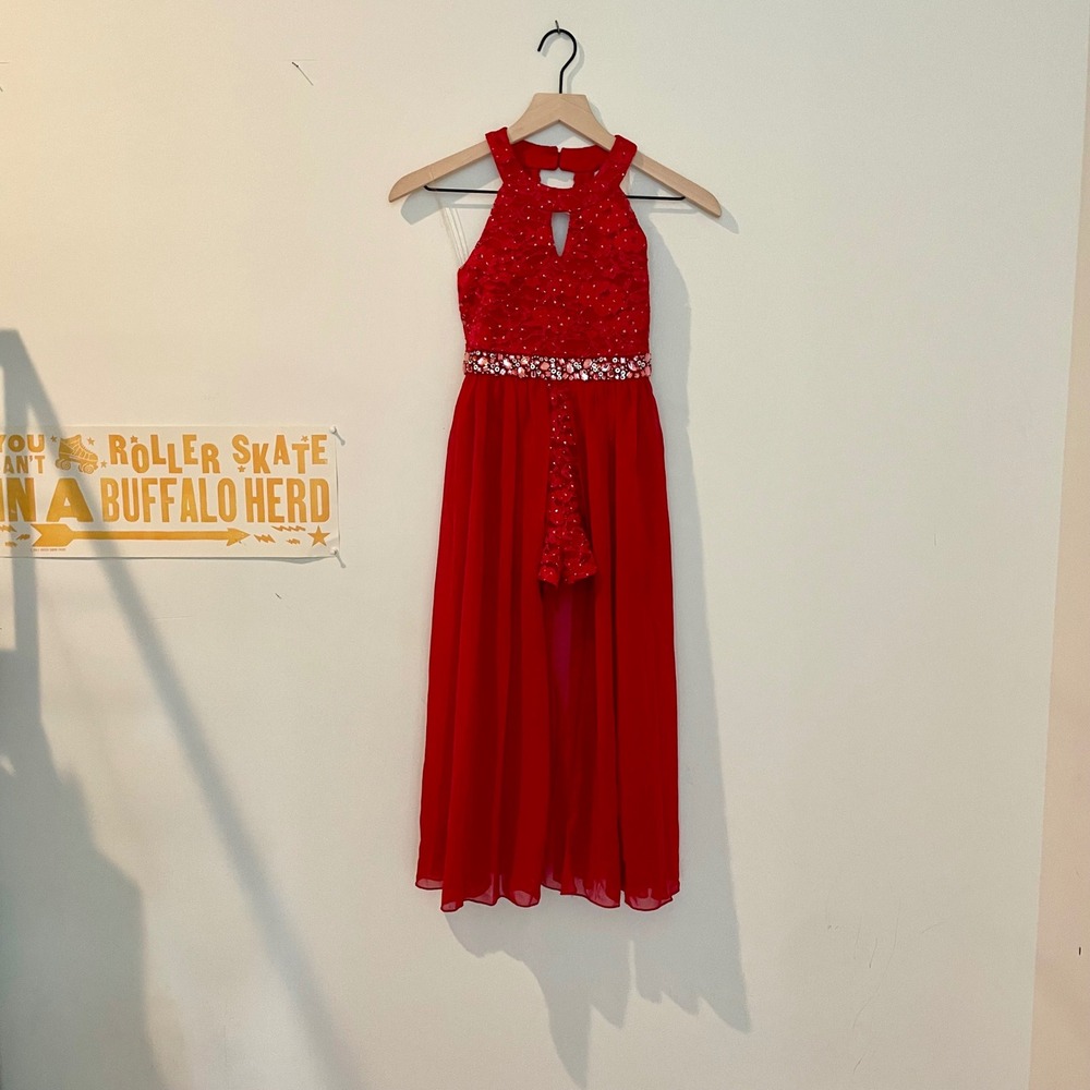 Red Halter Romper Maxi Dress Girls Sparkle Party Special Occasion - Picture 5 of 14